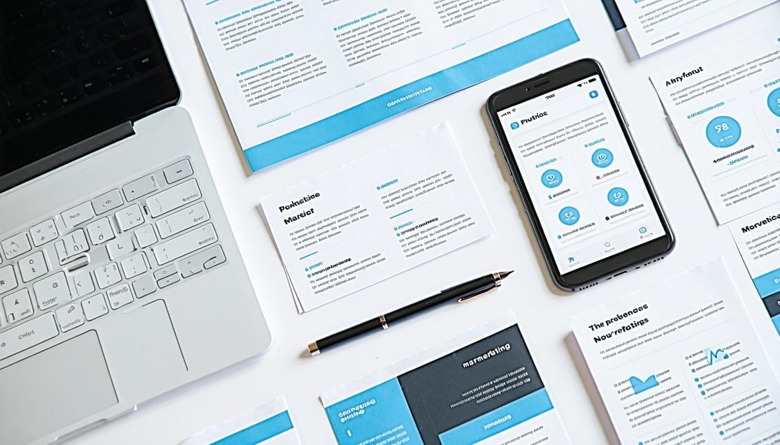 various papers and devices that could represent a digital marketing toolkit